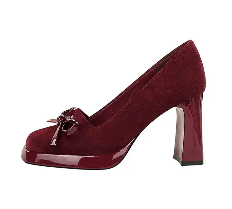 Chunky Block Heels Women Pumps Bow Decoration High Heels Square Headed Platform High Heels Suede Ladies Shoes