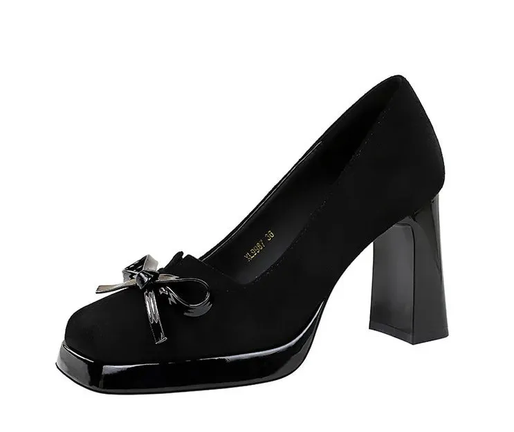 Chunky Block Heels Women Pumps Bow Decoration High Heels Square Headed Platform High Heels Suede Ladies Shoes