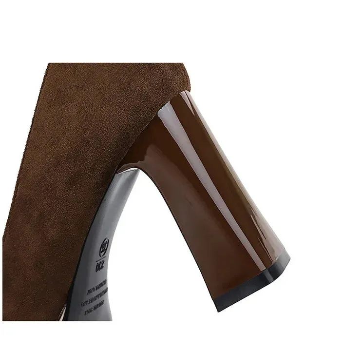 Chunky Block Heels Women Pumps Bow Decoration High Heels Square Headed Platform High Heels Suede Ladies Shoes