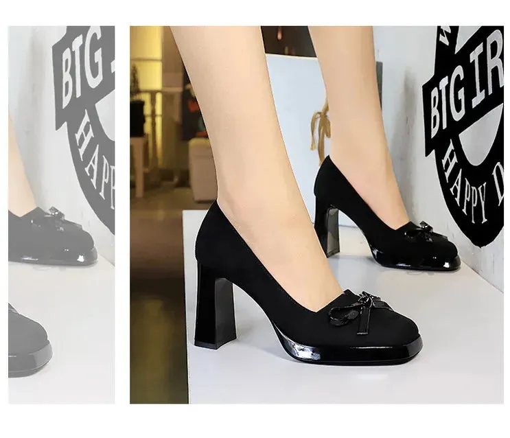 Chunky Block Heels Women Pumps Bow Decoration High Heels Square Headed Platform High Heels Suede Ladies Shoes