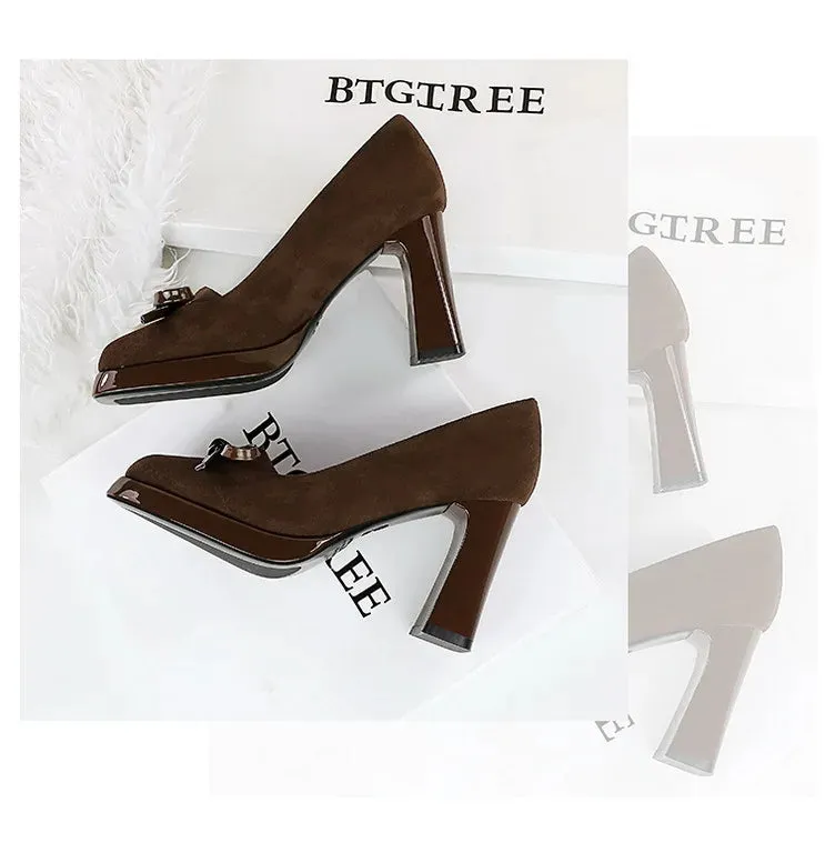 Chunky Block Heels Women Pumps Bow Decoration High Heels Square Headed Platform High Heels Suede Ladies Shoes