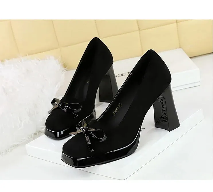 Chunky Block Heels Women Pumps Bow Decoration High Heels Square Headed Platform High Heels Suede Ladies Shoes
