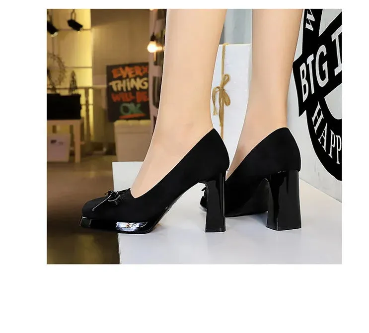 Chunky Block Heels Women Pumps Bow Decoration High Heels Square Headed Platform High Heels Suede Ladies Shoes