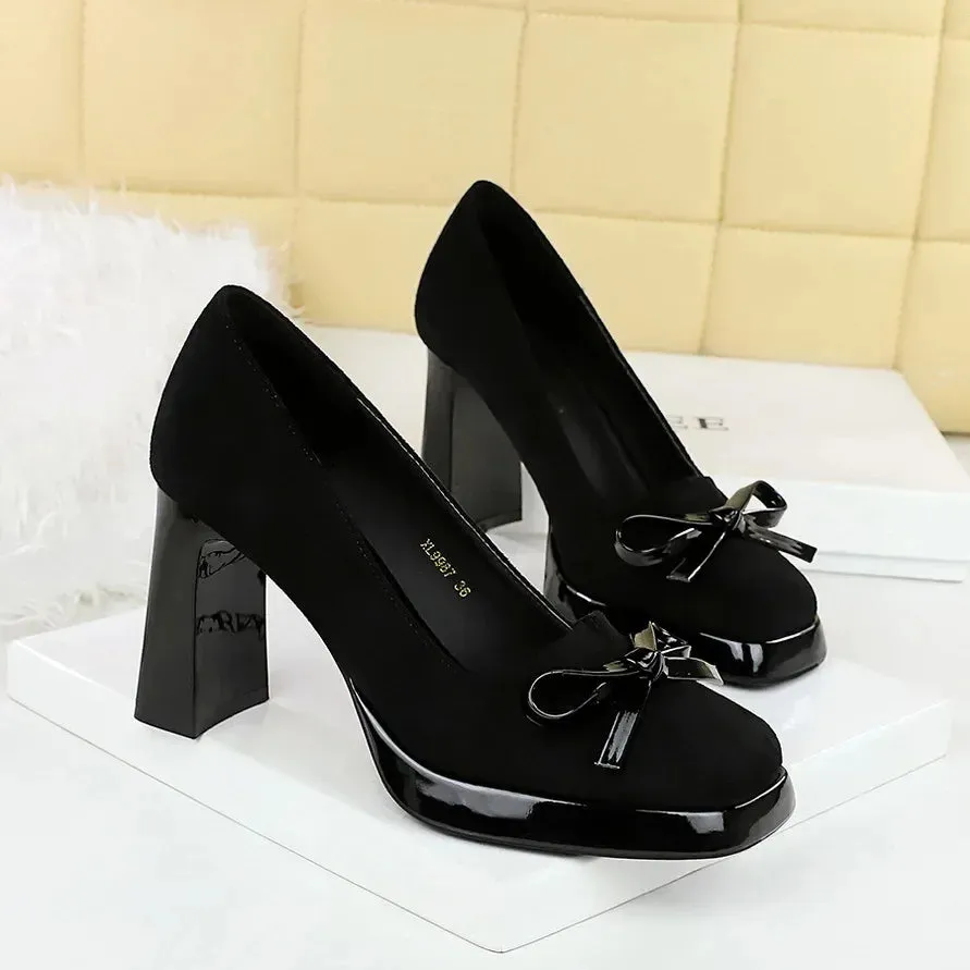 Chunky Block Heels Women Pumps Bow Decoration High Heels Square Headed Platform High Heels Suede Ladies Shoes