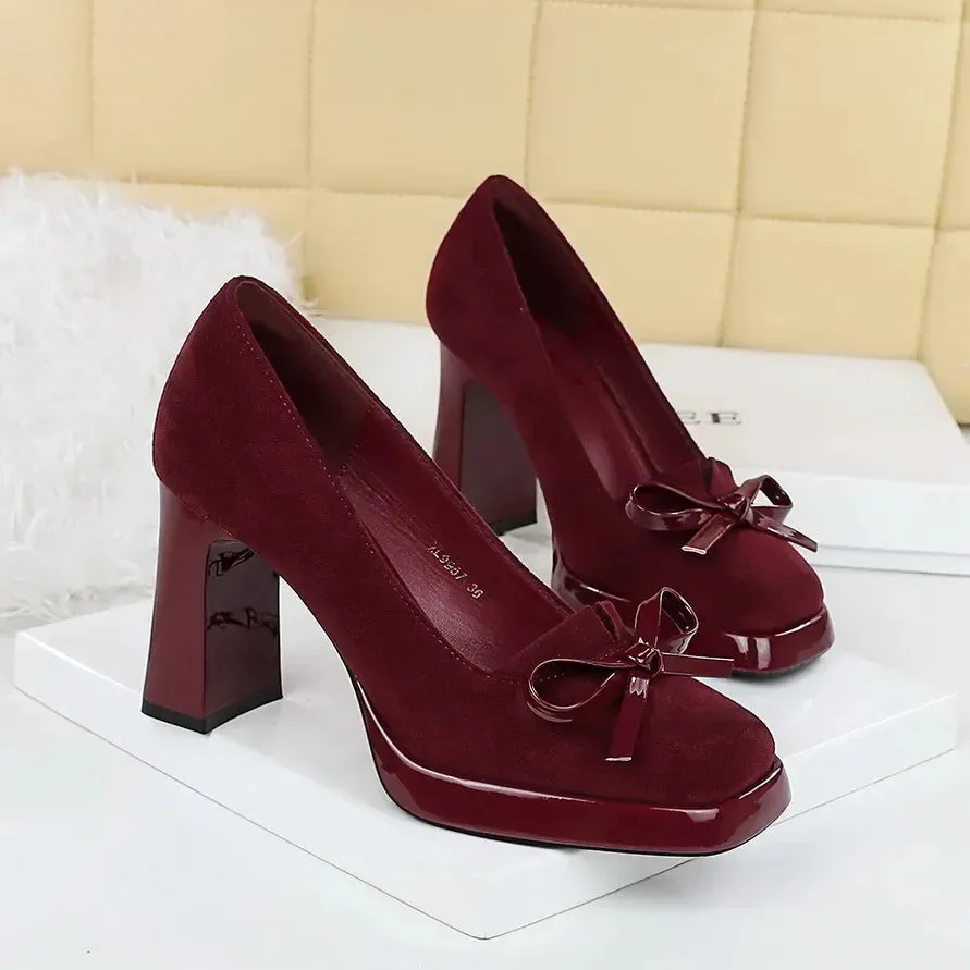 Chunky Block Heels Women Pumps Bow Decoration High Heels Square Headed Platform High Heels Suede Ladies Shoes