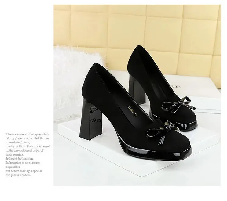Chunky Block Heels Women Pumps Bow Decoration High Heels Square Headed Platform High Heels Suede Ladies Shoes