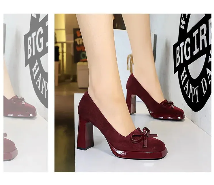 Chunky Block Heels Women Pumps Bow Decoration High Heels Square Headed Platform High Heels Suede Ladies Shoes