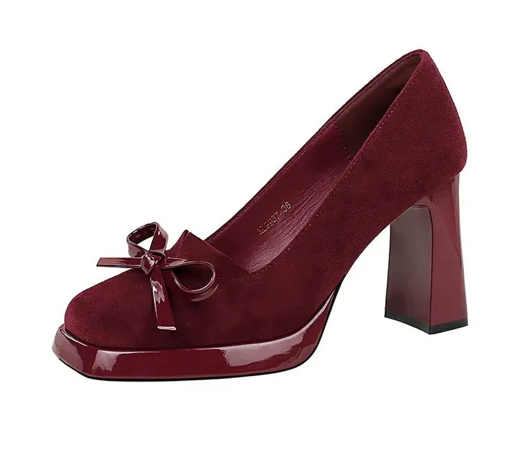 Chunky Block Heels Women Pumps Bow Decoration High Heels Square Headed Platform High Heels Suede Ladies Shoes
