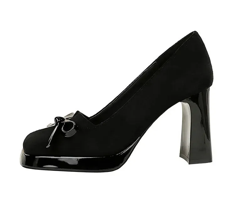 Chunky Block Heels Women Pumps Bow Decoration High Heels Square Headed Platform High Heels Suede Ladies Shoes