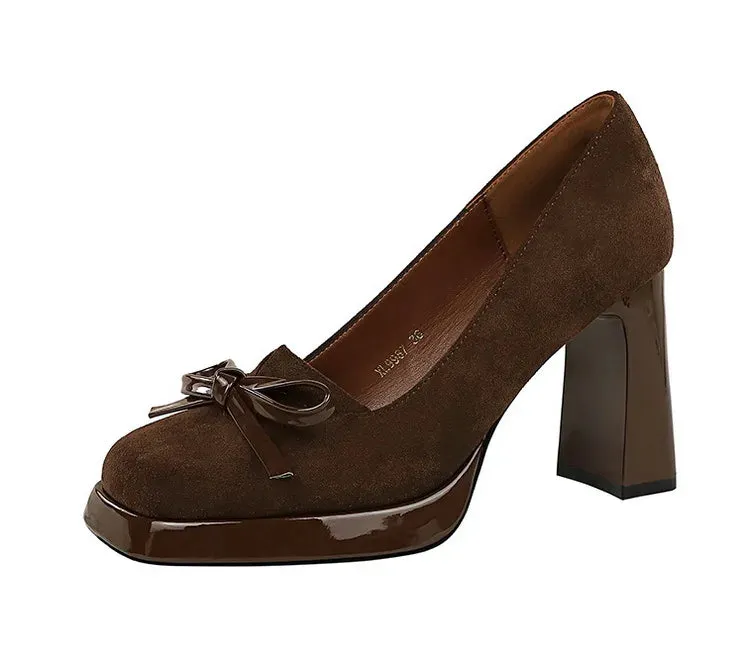 Chunky Block Heels Women Pumps Bow Decoration High Heels Square Headed Platform High Heels Suede Ladies Shoes