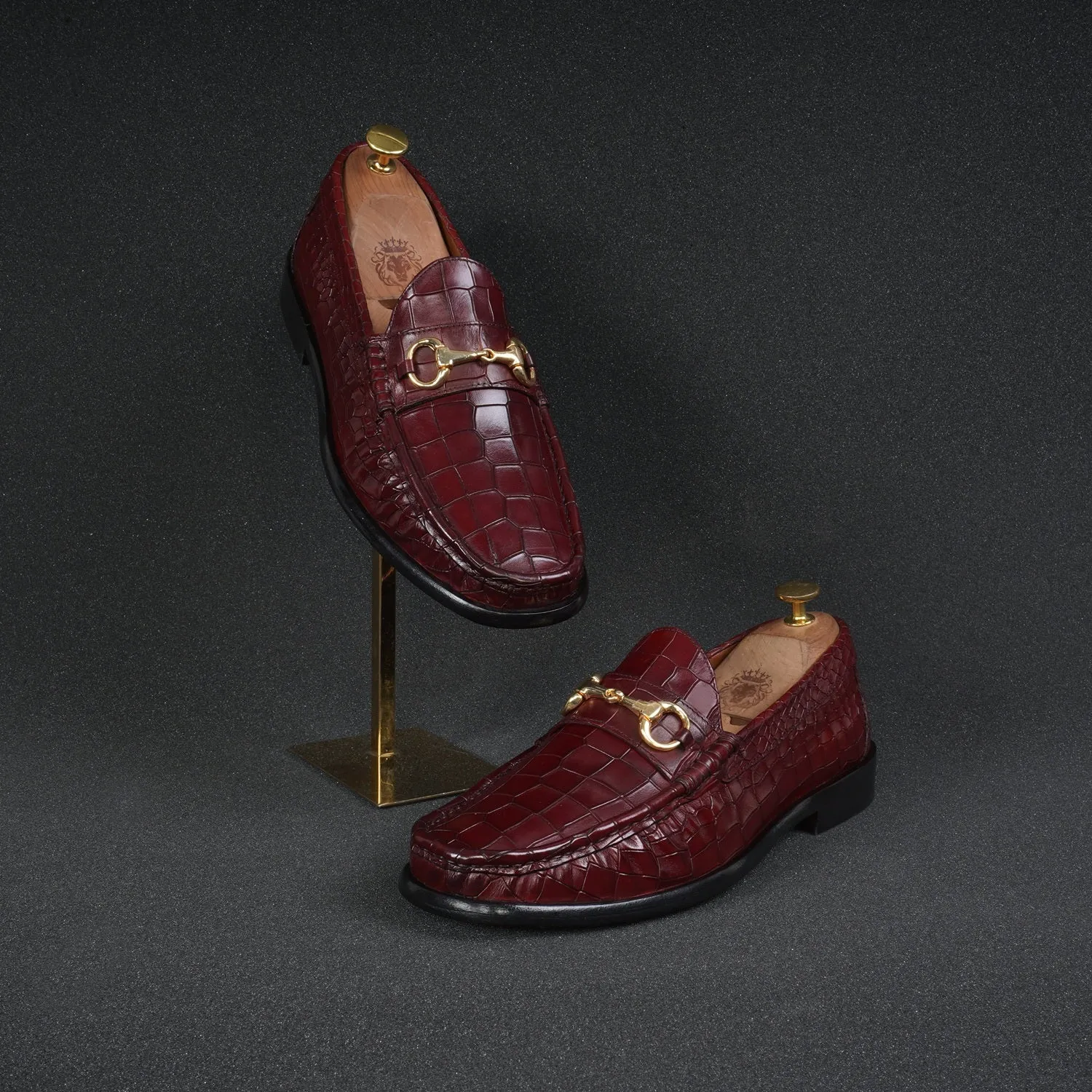 Cognac Croco Texture Leather Loafers with Horse-Bit Buckle