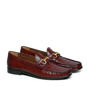 Cognac Croco Texture Leather Loafers with Horse-Bit Buckle