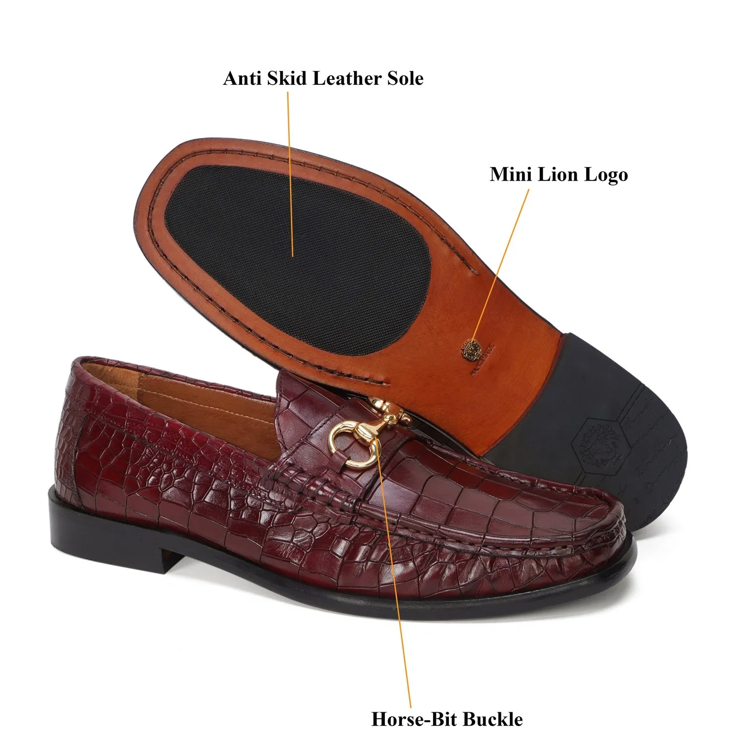 Cognac Croco Texture Leather Loafers with Horse-Bit Buckle