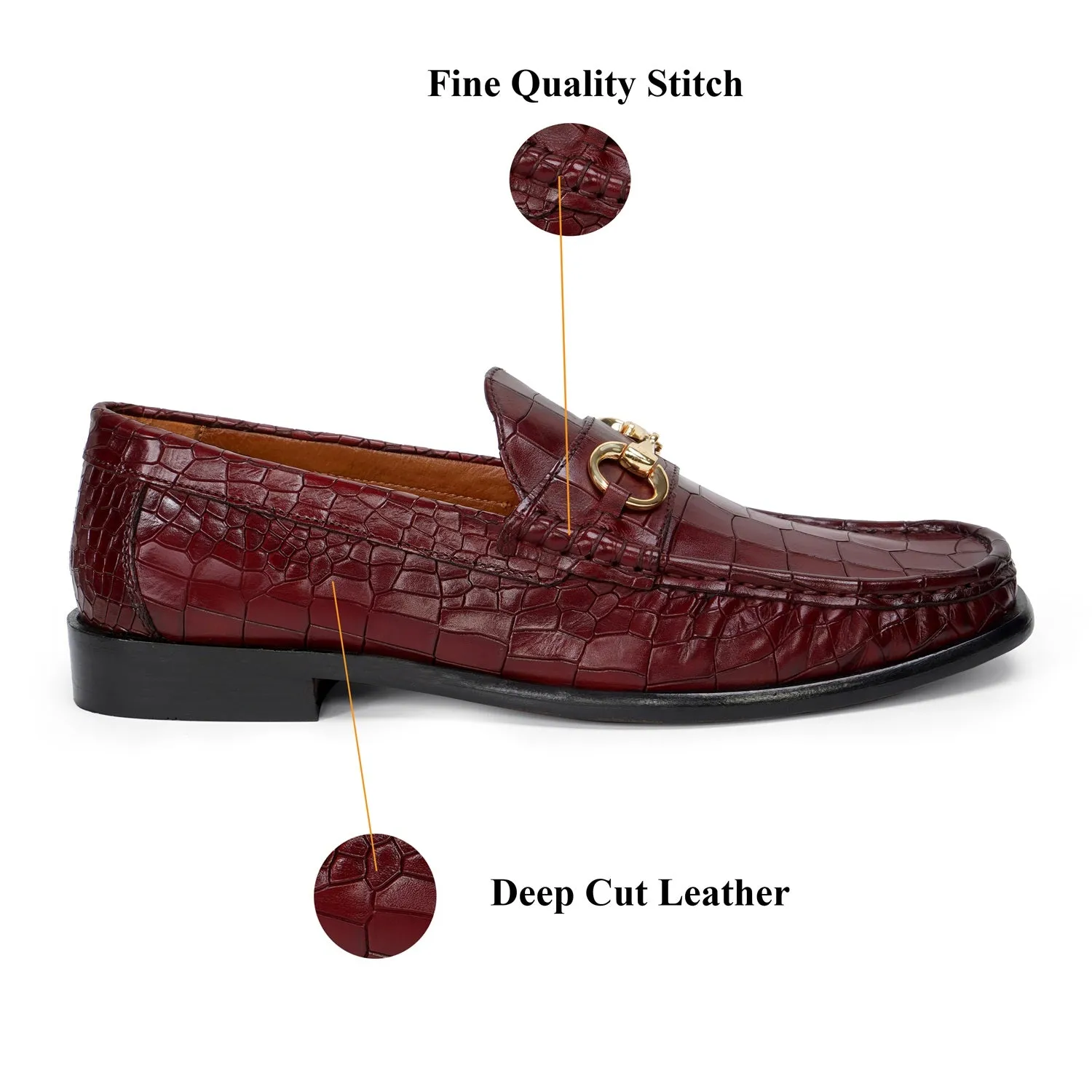 Cognac Croco Texture Leather Loafers with Horse-Bit Buckle