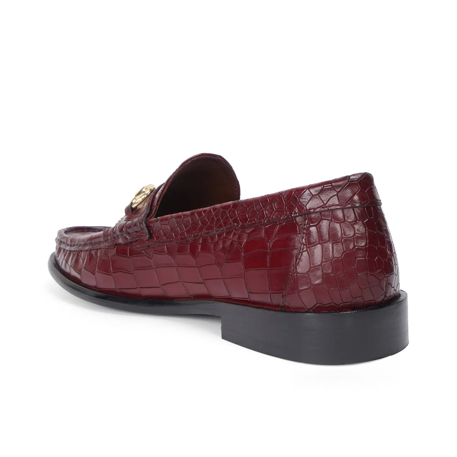 Cognac Croco Texture Leather Loafers with Horse-Bit Buckle
