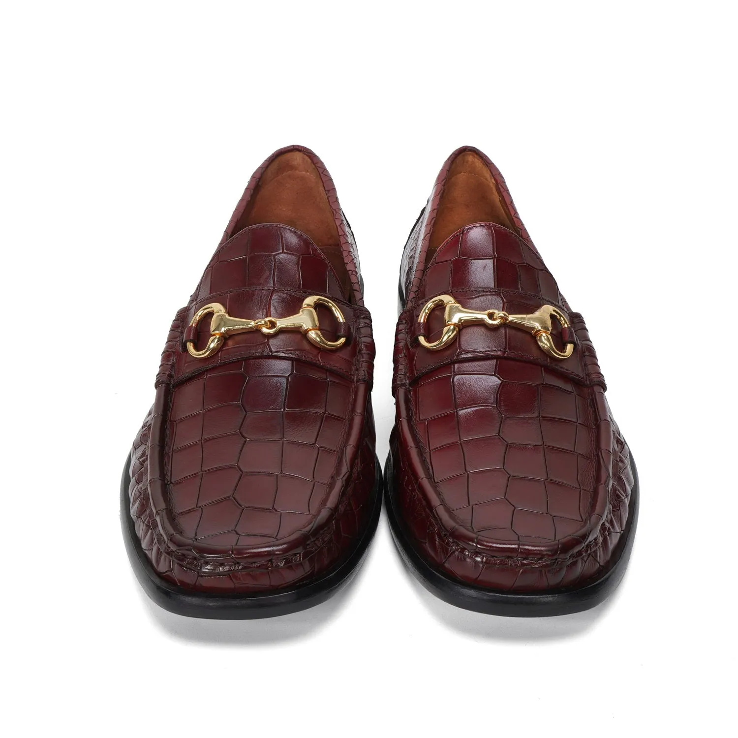 Cognac Croco Texture Leather Loafers with Horse-Bit Buckle