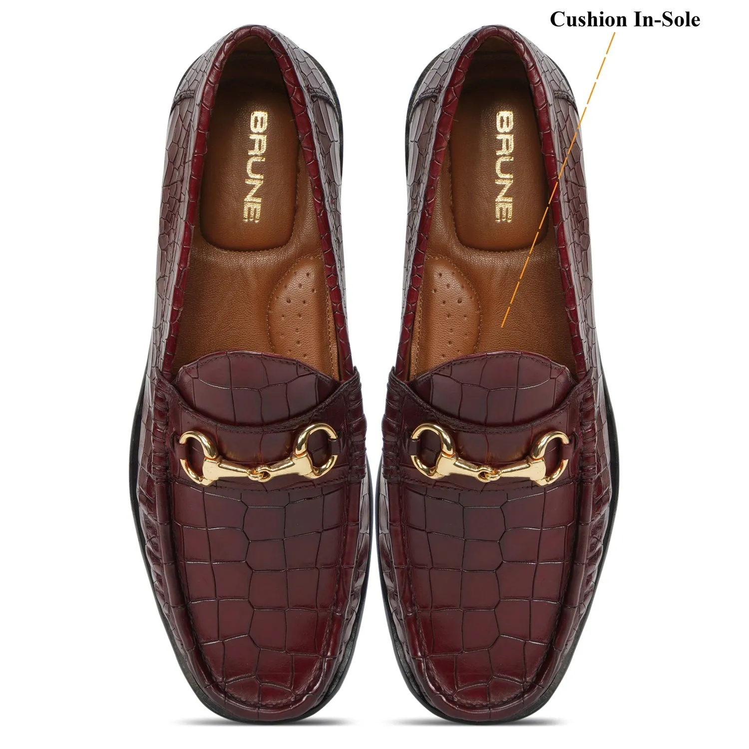 Cognac Croco Texture Leather Loafers with Horse-Bit Buckle