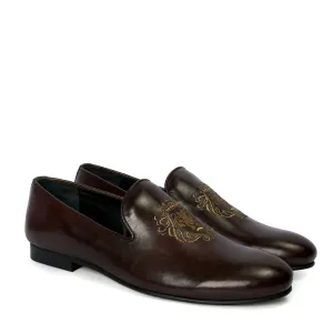 Dark Brown Leather Slip-On Shoes with Golden Lion King Embroidery By Brune & Bareskin