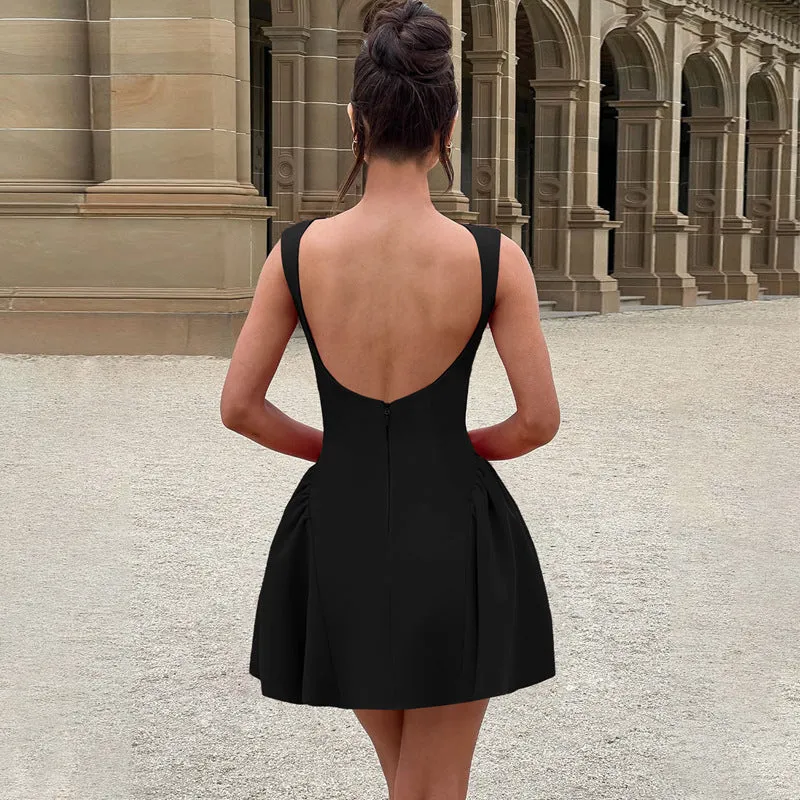 Elegant Backless Flared Mini Dress with Structured Design
