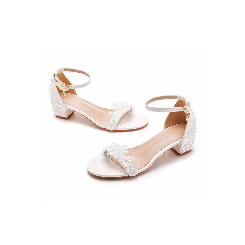 Elegant Lace Open Toe Ankle-strap Block Heels