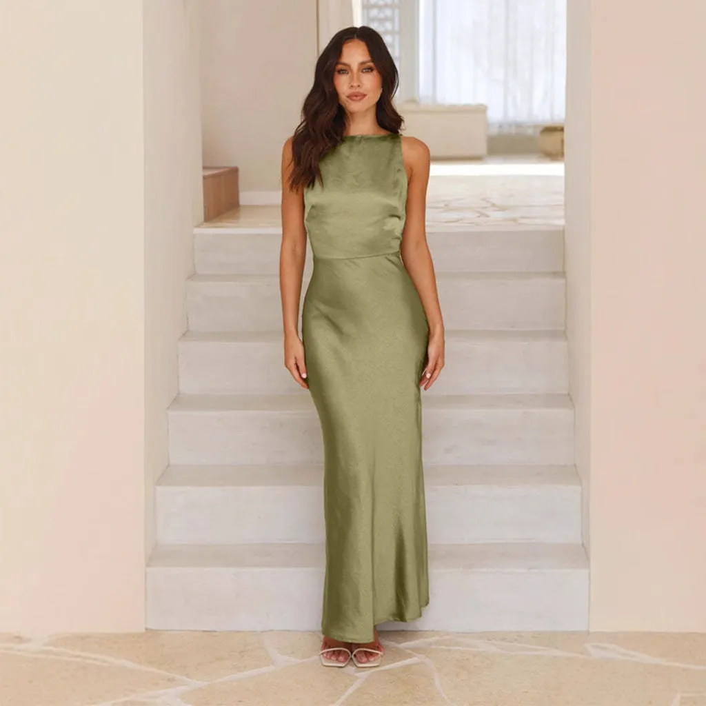 Elegant Satin Backless High-Neck Fishtail Evening Gown