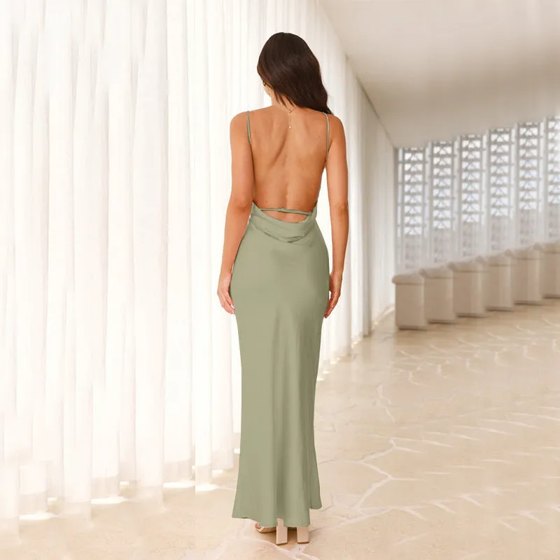 Elegant Satin Backless High-Neck Fishtail Evening Gown