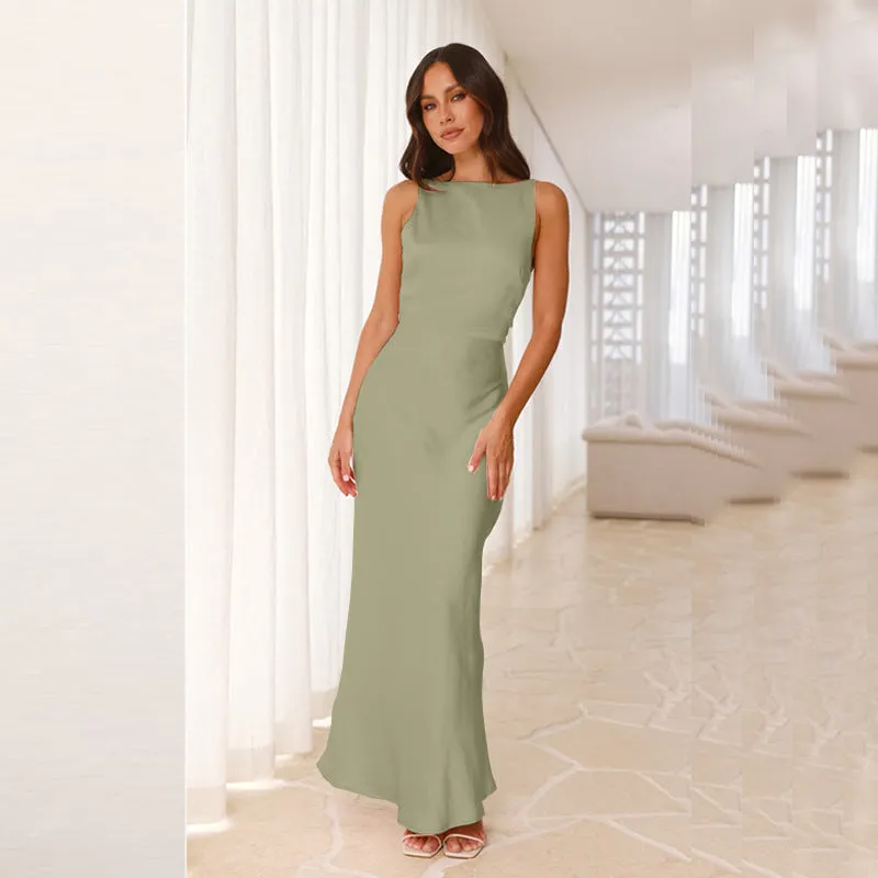 Elegant Satin Backless High-Neck Fishtail Evening Gown