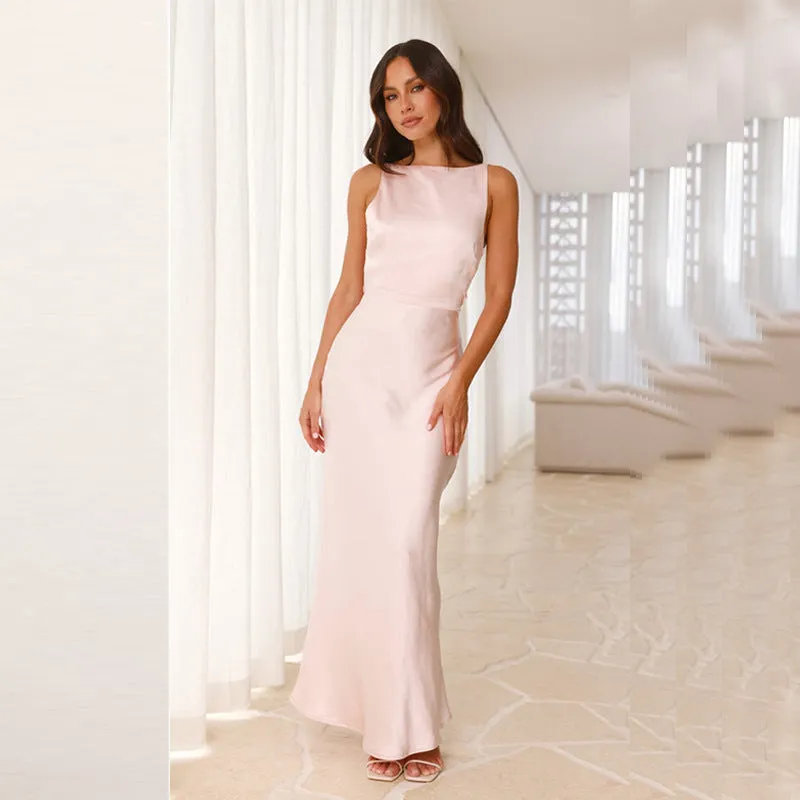Elegant Satin Backless High-Neck Fishtail Evening Gown