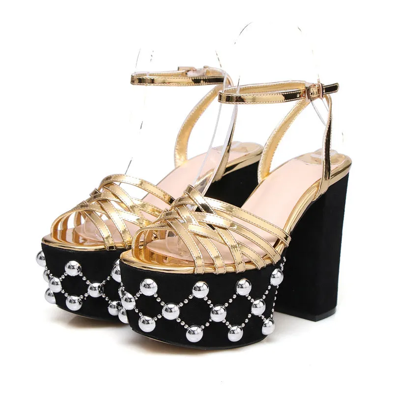 European And American Round Toe High Heels With Rivet Buckle Strap