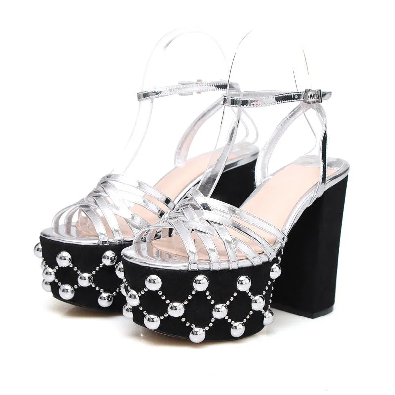 European And American Round Toe High Heels With Rivet Buckle Strap