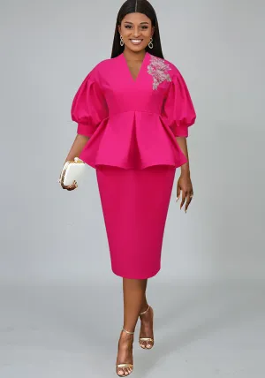 Exquisite V-Neck Lantern Sleeve Embroidered Evening Dress for Timeless Glamour