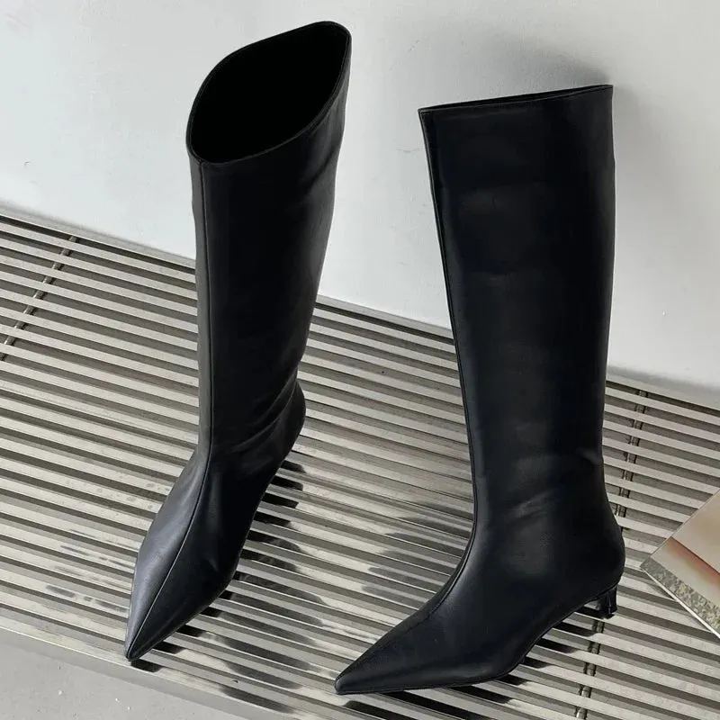 Fashion Sexy Pointed Low Heels Boots - Women's Knee-High PU Sewing Western Boots for Spring/Autumn Party