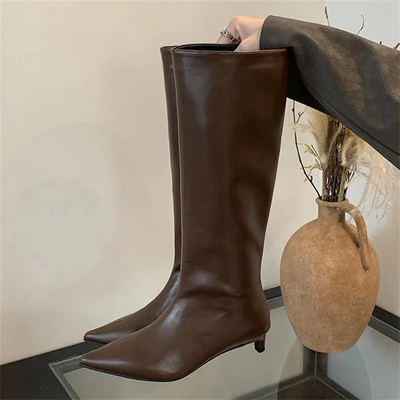 Fashion Sexy Pointed Low Heels Boots - Women's Knee-High PU Sewing Western Boots for Spring/Autumn Party