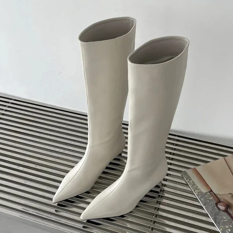 Fashion Sexy Pointed Low Heels Boots - Women's Knee-High PU Sewing Western Boots for Spring/Autumn Party