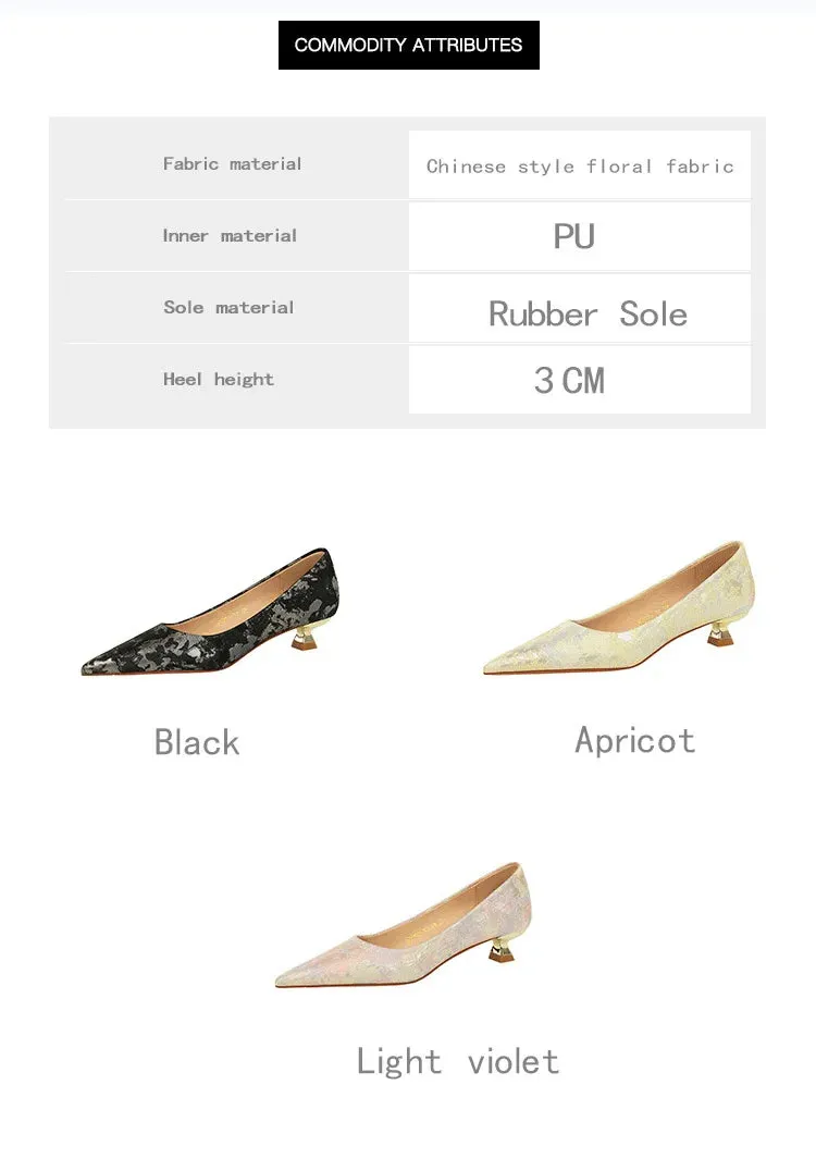 Floral cloth surface 3 cm Kitten heels Women Shoes Sweet Fashion Low Heel Ladies Shoes pointed Toe Women Pumps