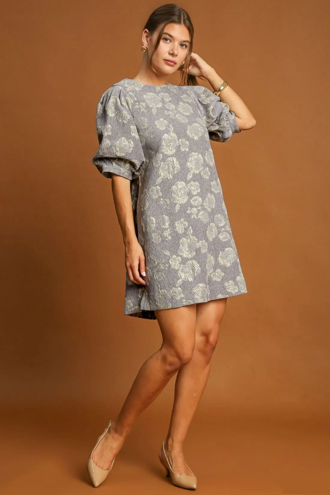 Floral Jacquard Mini Dress in Grey
