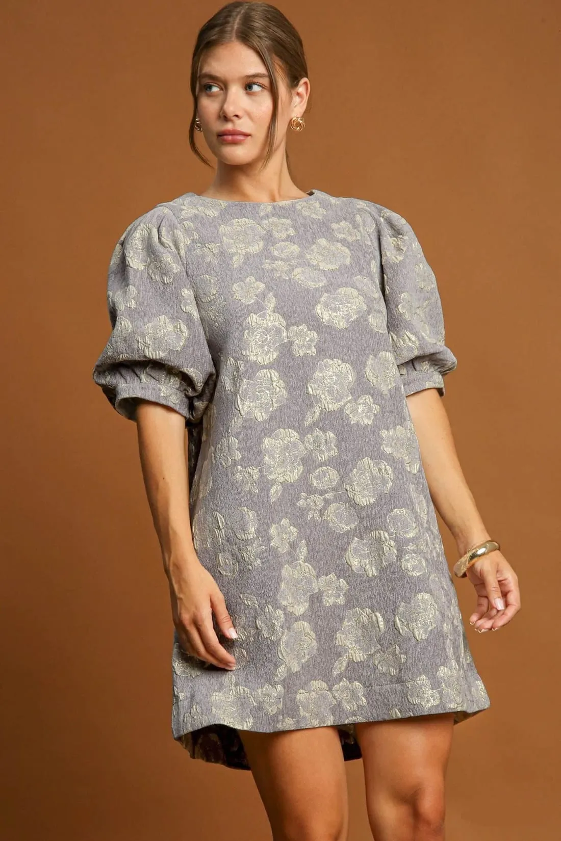 Floral Jacquard Mini Dress in Grey