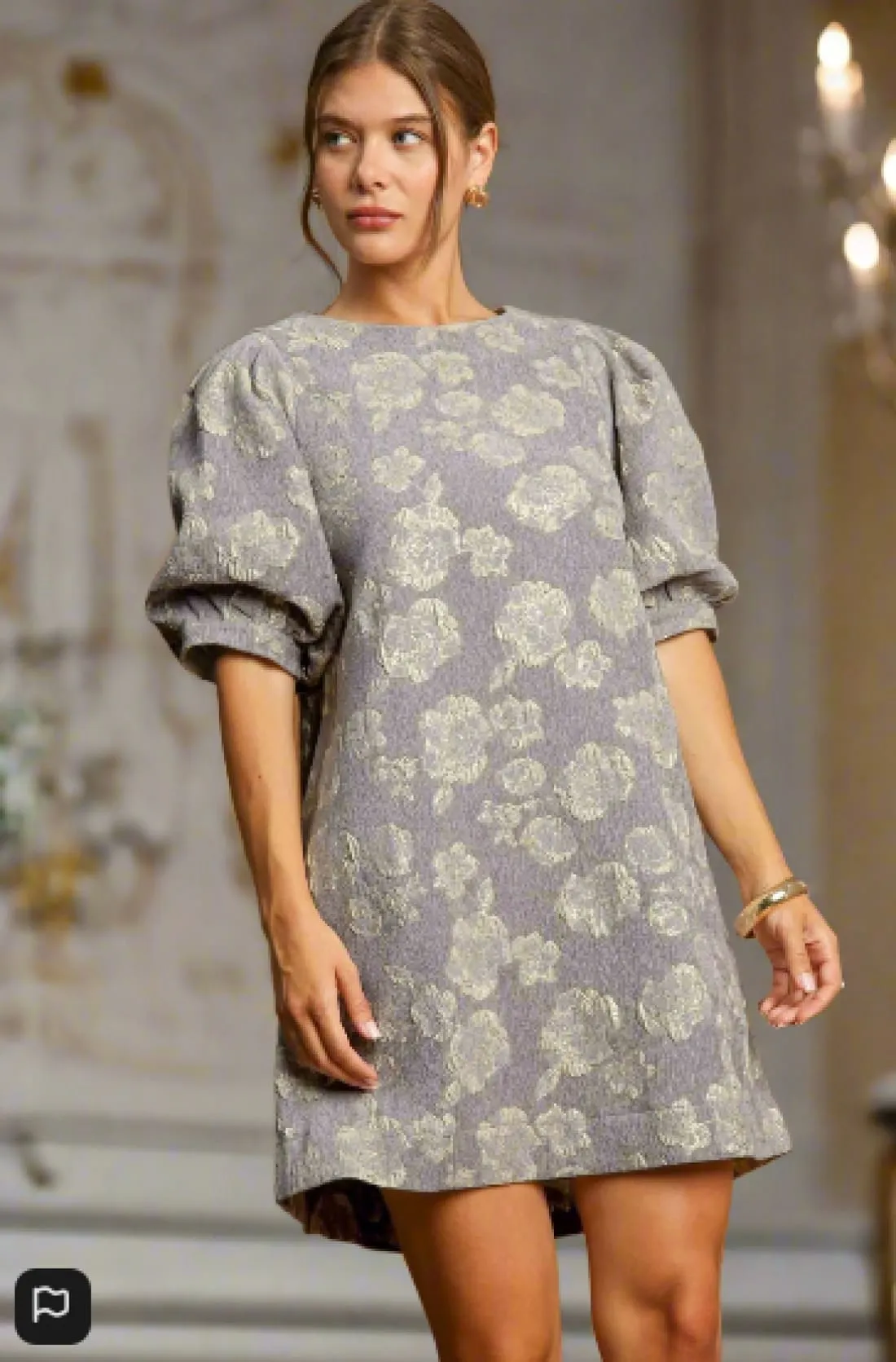 Floral Jacquard Mini Dress in Grey