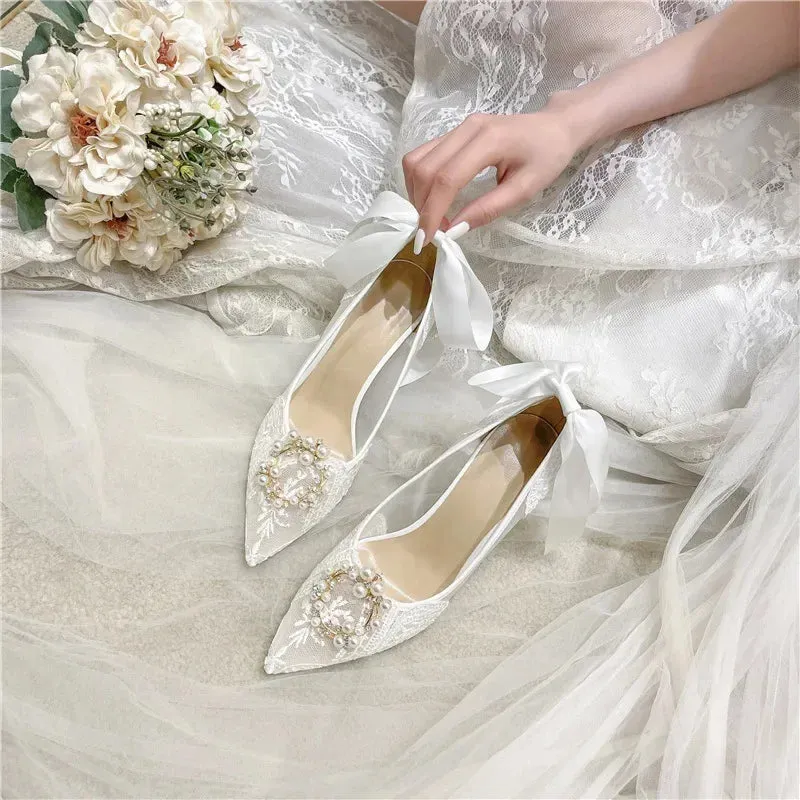 French wedding shoes, lace bridesmaid shoes, white pointed high heels, women's slim heels, bride's shoes