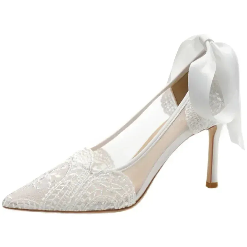 French wedding shoes, lace bridesmaid shoes, white pointed high heels, women's slim heels, bride's shoes