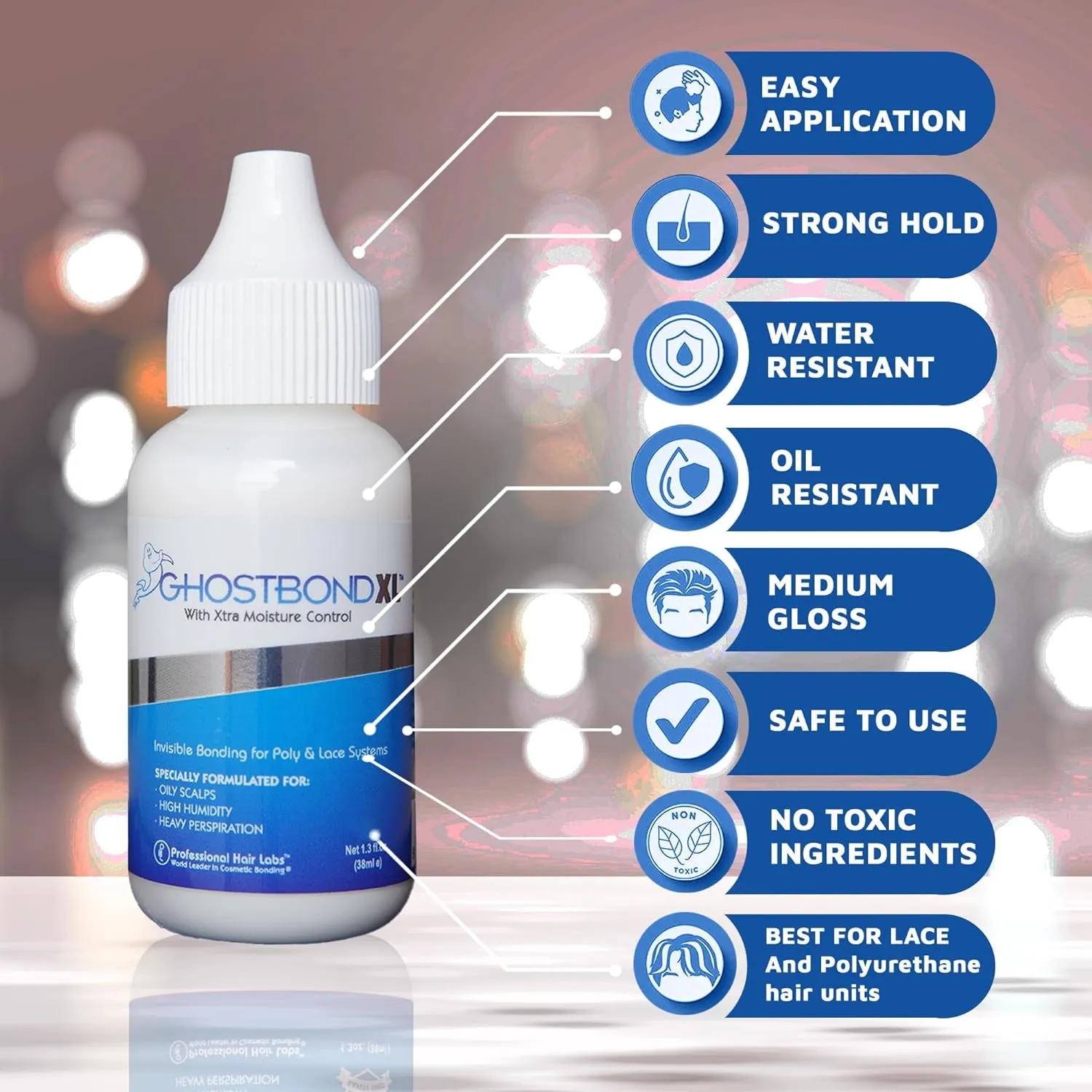 GHOSTBOND XL Hair Replacement Adhesive 1.3Oz- Invisible Wig Bonding Glue: Water & Oil-Resistant, Non-Toxic, Light Hold for Secure and Natural-Looking Poly and Lace Hairpiece, Wigs & Toupee Systems