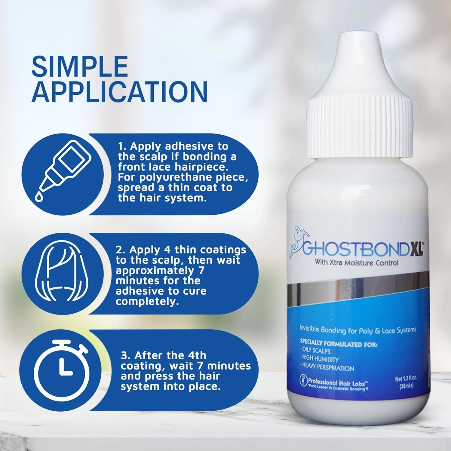 GHOSTBOND XL Hair Replacement Adhesive 1.3Oz- Invisible Wig Bonding Glue: Water & Oil-Resistant, Non-Toxic, Light Hold for Secure and Natural-Looking Poly and Lace Hairpiece, Wigs & Toupee Systems