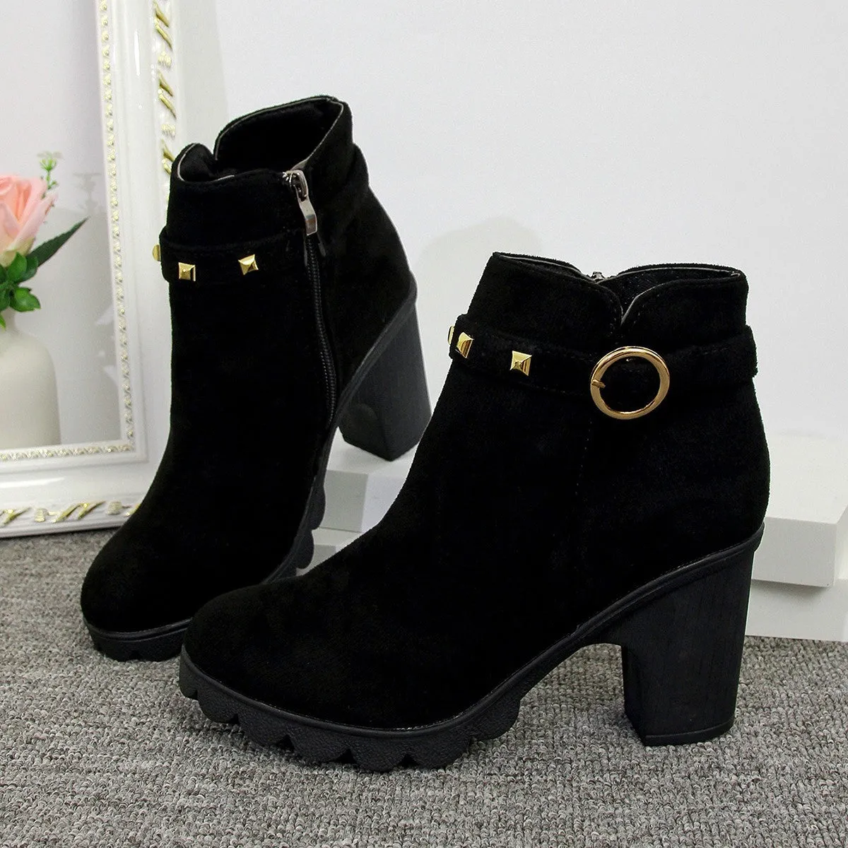 High Heel Women's Chunky Heel Round Toe Side Zipper Ankle Boots