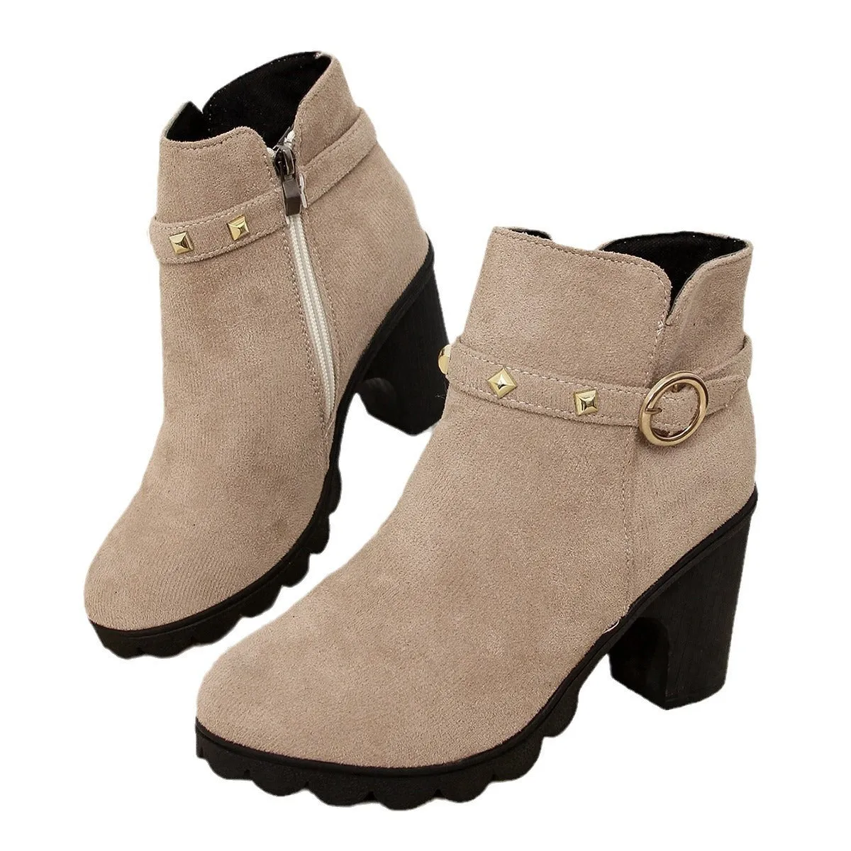 High Heel Women's Chunky Heel Round Toe Side Zipper Ankle Boots
