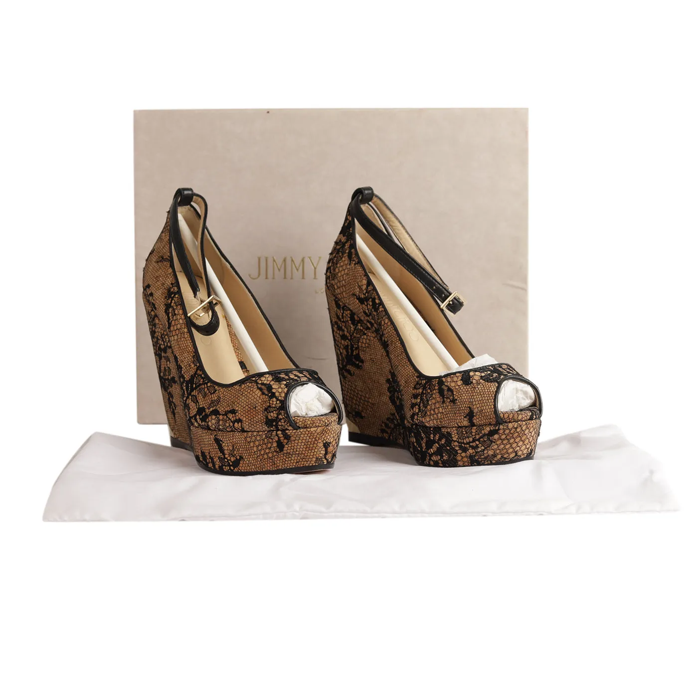 Jimmy Choo Black Lace Covered Cork Wedges - Size EU 35
