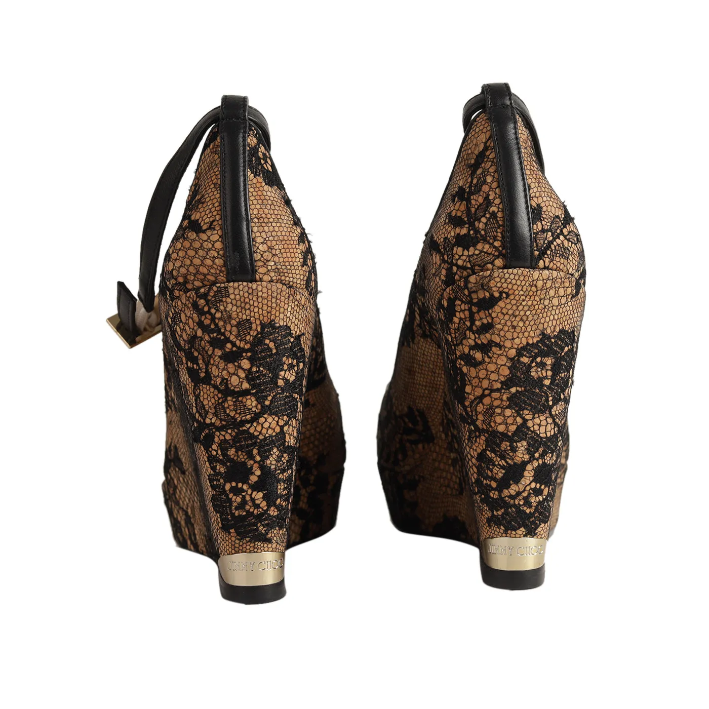Jimmy Choo Black Lace Covered Cork Wedges - Size EU 35