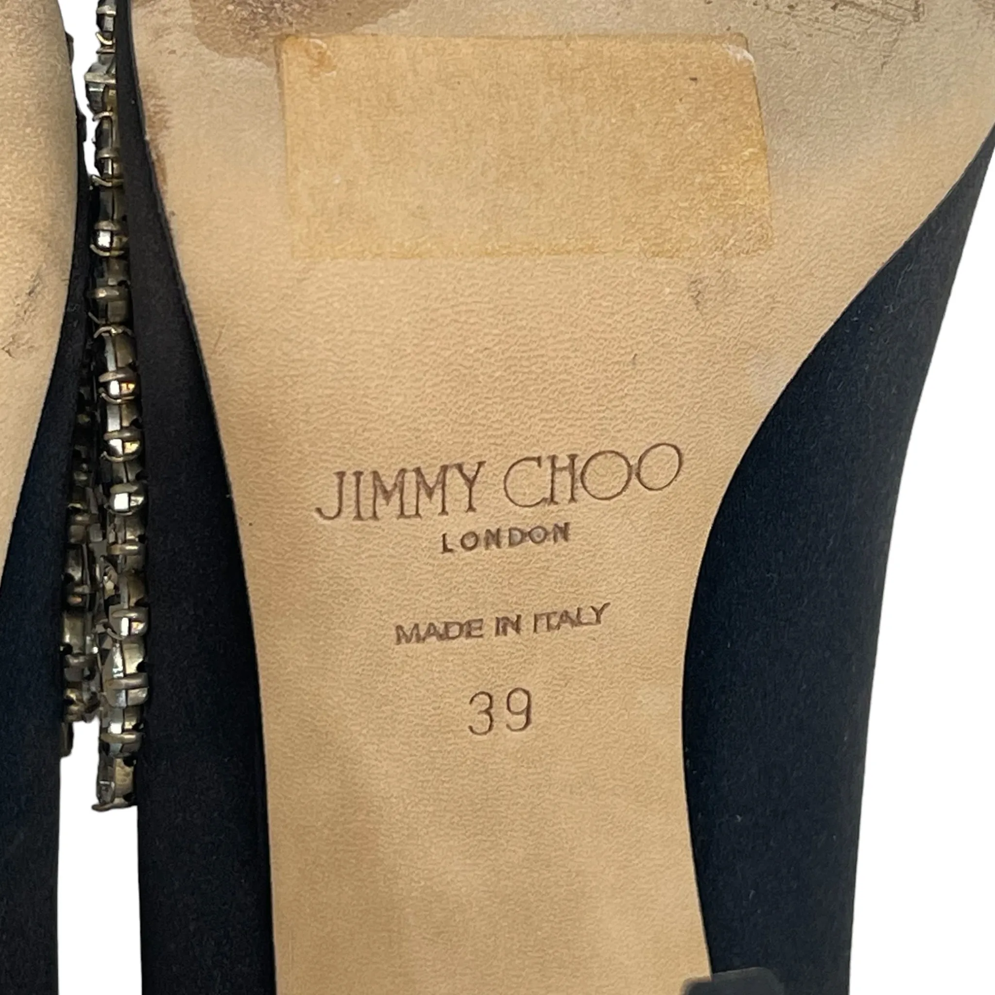 Jimmy Choo Black Satin Love Crystal Embellished Pointed Toe Pumps Size EU 39