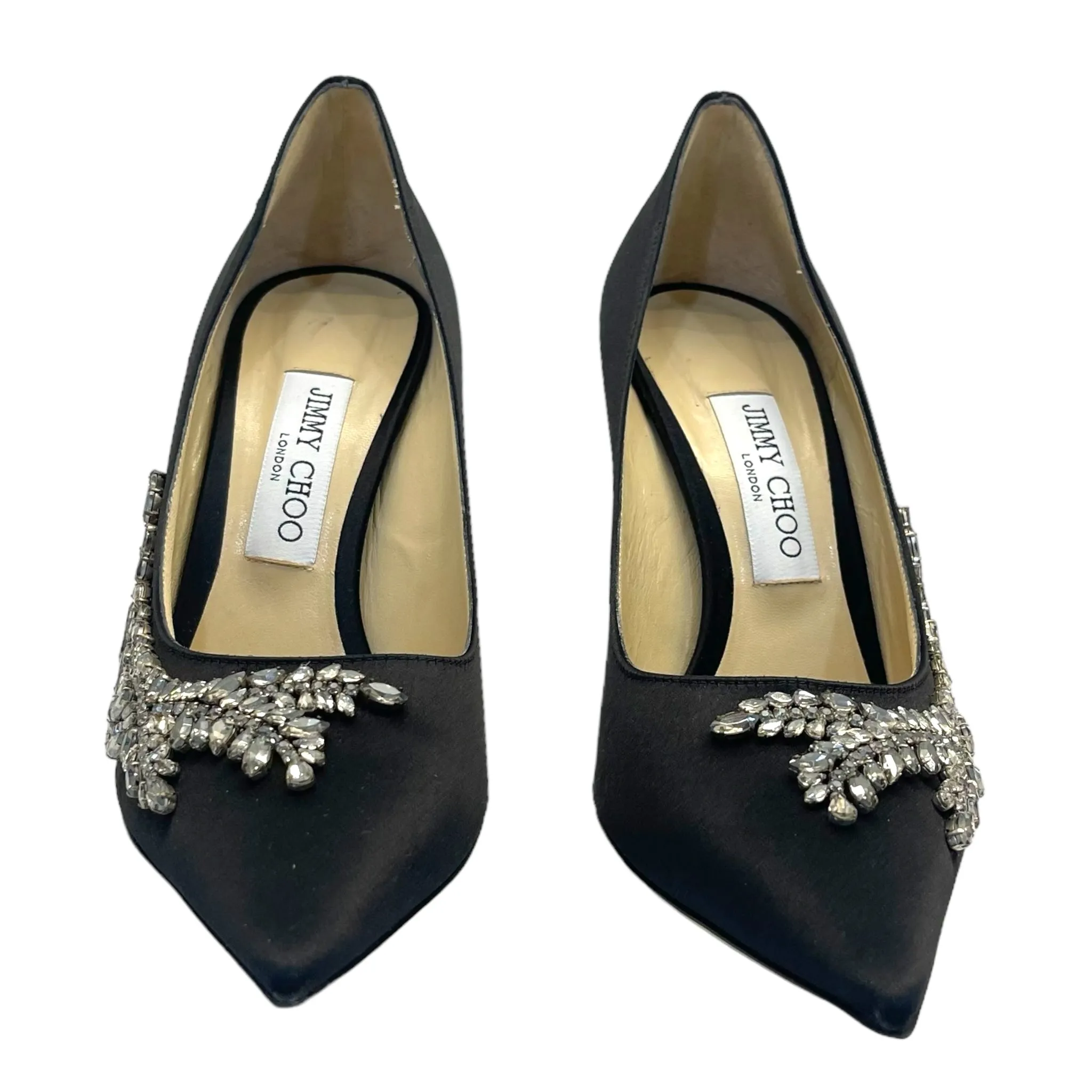 Jimmy Choo Black Satin Love Crystal Embellished Pointed Toe Pumps Size EU 39