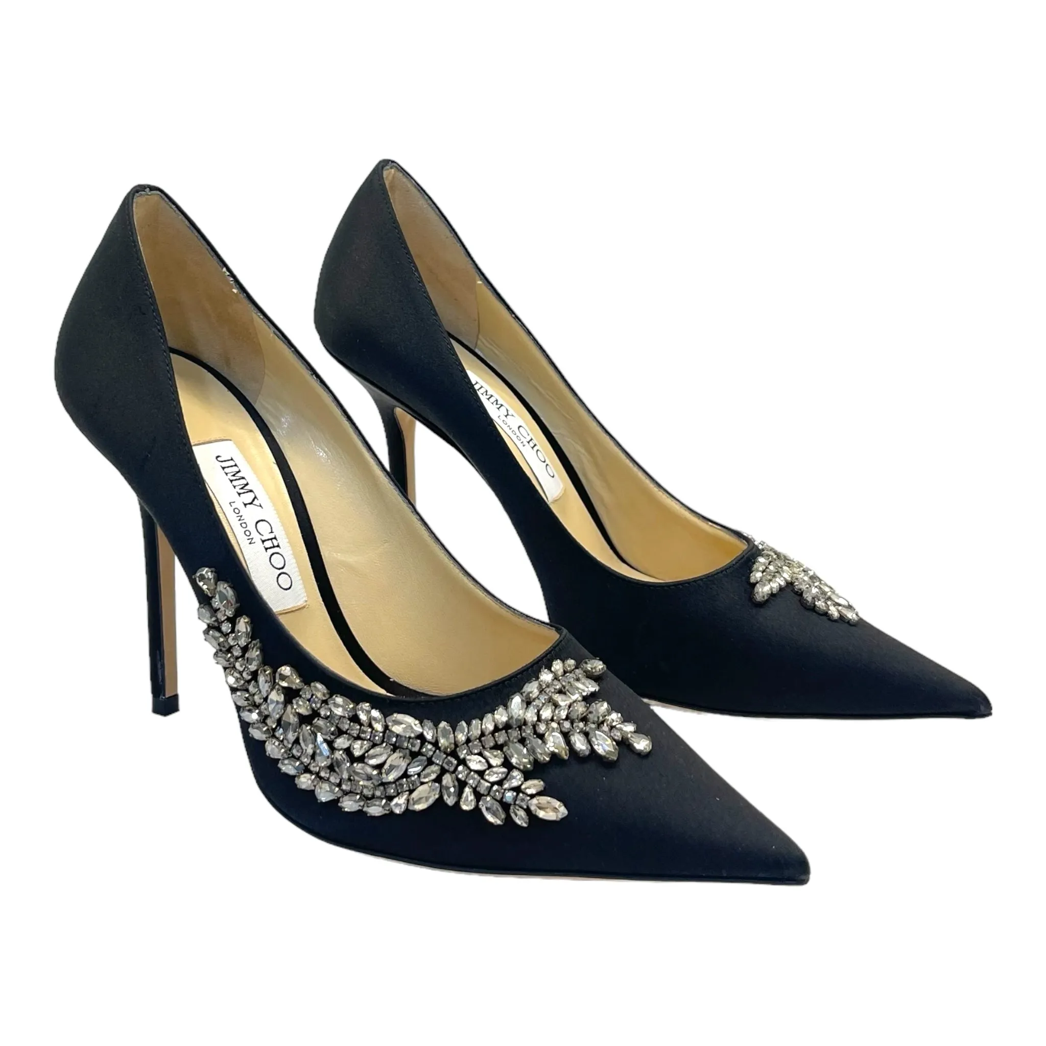 Jimmy Choo Black Satin Love Crystal Embellished Pointed Toe Pumps Size EU 39