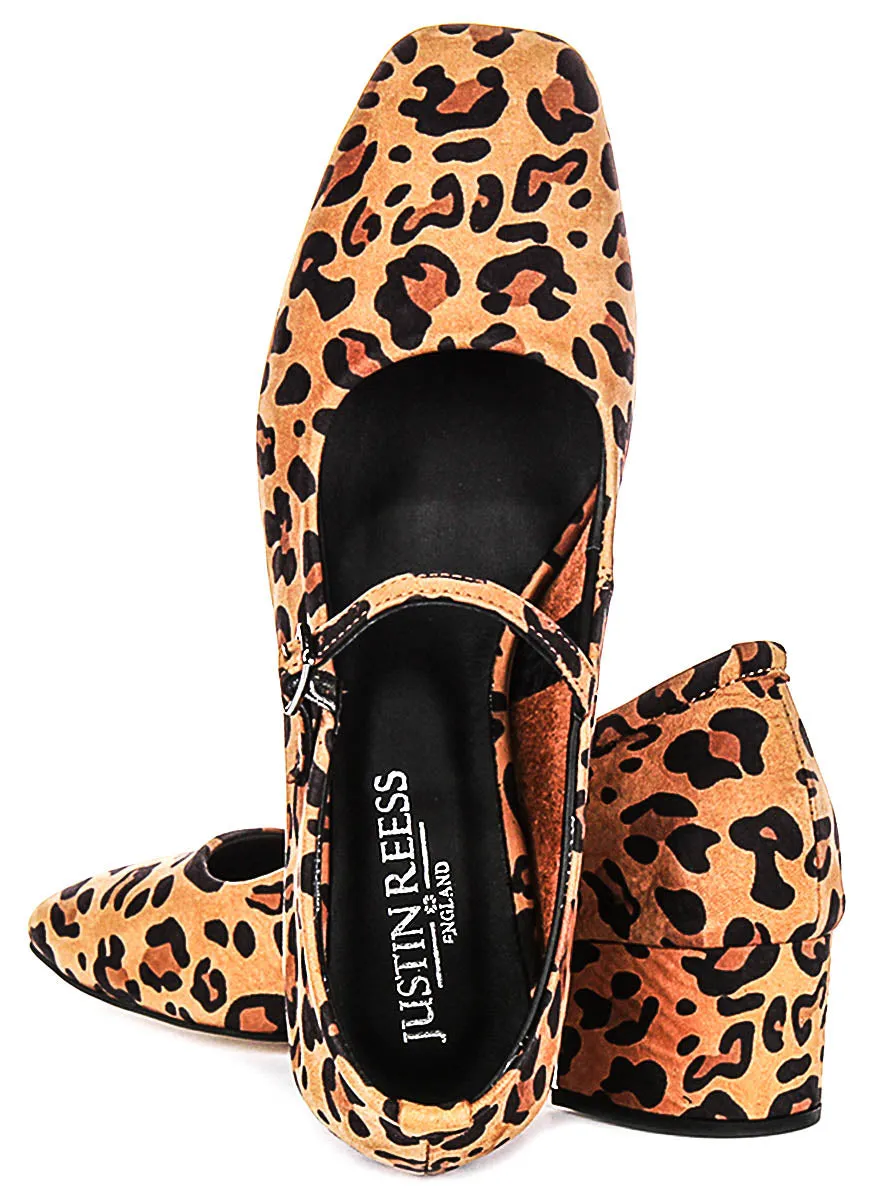 Justinreess England Kamila Square Toe Mary Jane Heel in Leopard Print